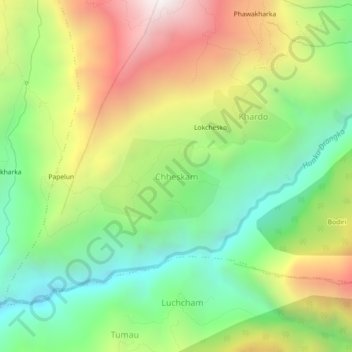 Mapa topográfico Chheskam, altitud, relieve