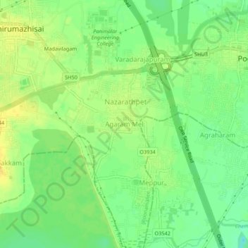 Mapa topográfico Agaram Mel, altitud, relieve