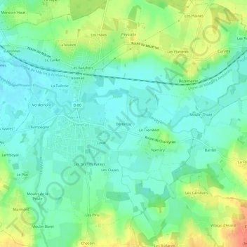 Mapa topográfico Dérontay, altitud, relieve