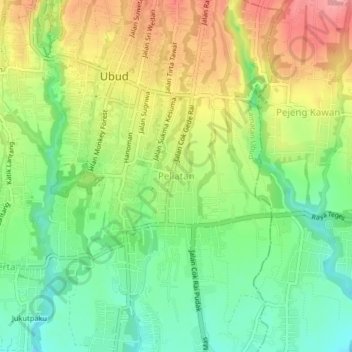 Mapa topográfico Peliatan, altitud, relieve