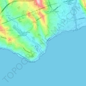 Mapa topográfico Bussana, altitud, relieve