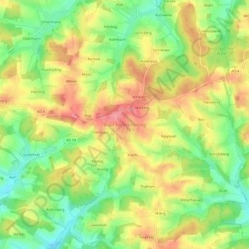 Mapa topográfico Wald bei Winhöring, altitud, relieve