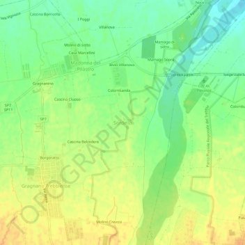 Mapa topográfico Sordello, altitud, relieve