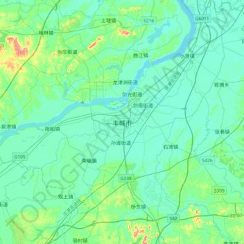 Mapa topográfico 丰城市, altitud, relieve