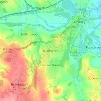 Mapa topográfico Middlecroft, altitud, relieve