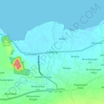 Mapa topográfico Gending, altitud, relieve