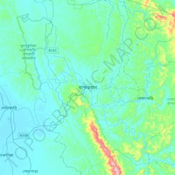 Mapa topográfico Bandarban, altitud, relieve
