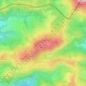 Mapa topográfico Zentinela, altitud, relieve