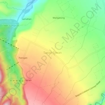 Mapa topográfico Tawan-Tawan, altitud, relieve