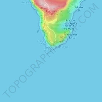 Mapa topográfico Cap Llentrisca, altitud, relieve
