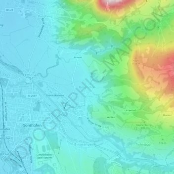 Mapa topográfico Berghofen, altitud, relieve