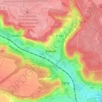 Mapa topográfico Bièvres, altitud, relieve