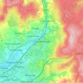 Mapa topográfico Littleborough, altitud, relieve