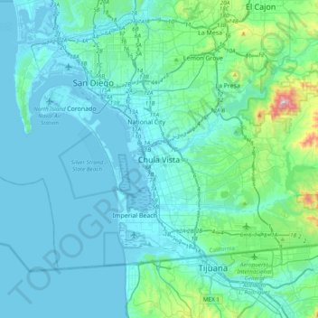 Mapa topográfico Chula Vista, altitud, relieve