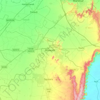 Mapa topográfico Bhiwadi, altitud, relieve