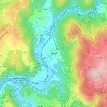 Mapa topográfico Vergonzac, altitud, relieve