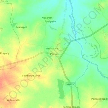 Mapa topográfico Parkal, altitud, relieve