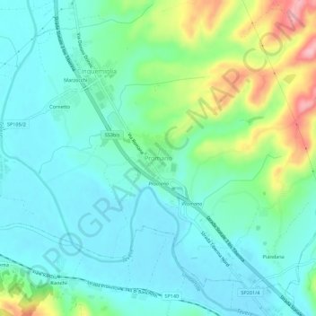 Mapa topográfico Promano, altitud, relieve