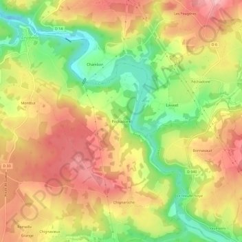 Mapa topográfico Péchadoire, altitud, relieve