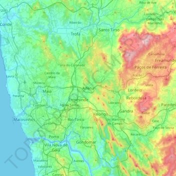 Mapa topográfico Alfena, altitud, relieve