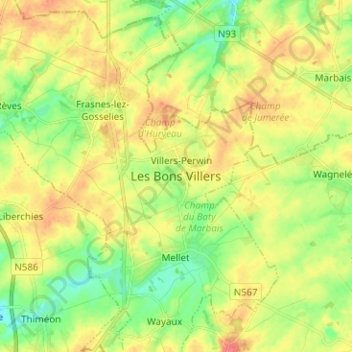 Mapa topográfico Les Bons Villers, altitud, relieve