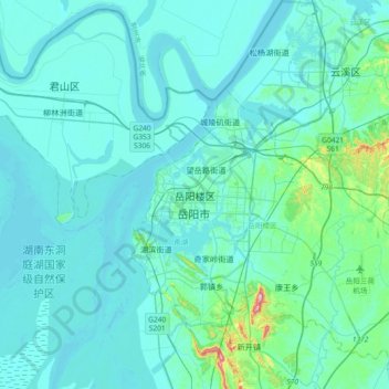 Mapa topográfico 岳阳楼区, altitud, relieve