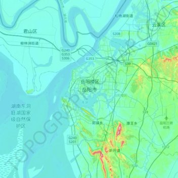 Mapa topográfico 岳阳市, altitud, relieve