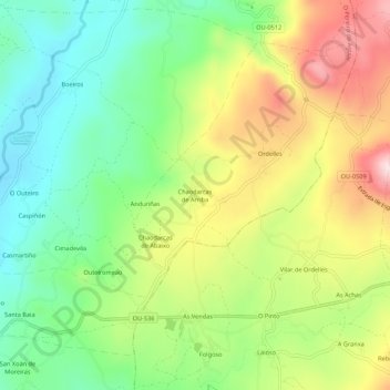 Mapa topográfico Chaodarcas de Arriba, altitud, relieve