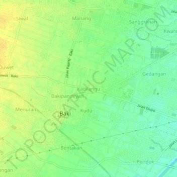 Mapa topográfico Kadilangu, altitud, relieve