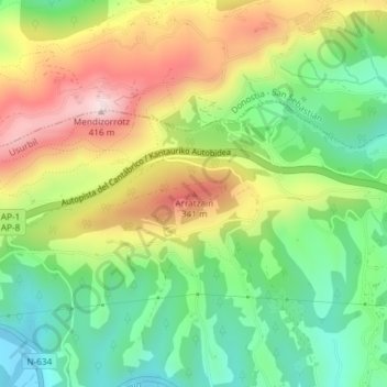 Mapa topográfico Arratzain, altitud, relieve