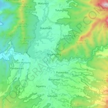 Mapa topográfico Ngantang, altitud, relieve