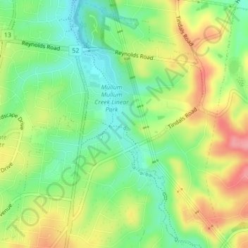 Mapa topográfico Mullum-mullum, altitud, relieve