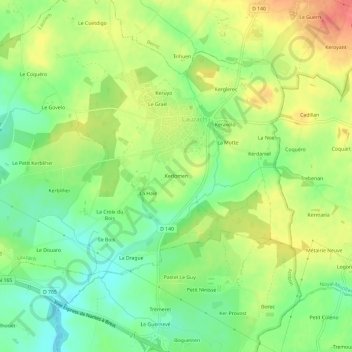 Mapa topográfico Kerlomen, altitud, relieve
