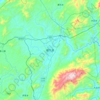 Mapa topográfico 建宁县, altitud, relieve