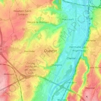 Mapa topográfico Oupeye, altitud, relieve