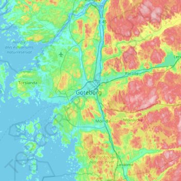 Mapa topográfico Göteborgs Stad, altitud, relieve