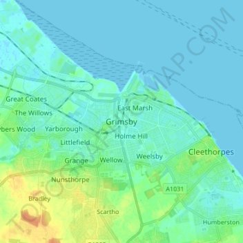 Mapa topográfico Grimsby, altitud, relieve