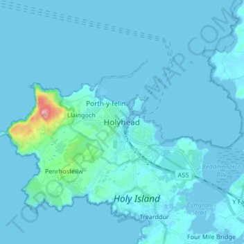 Mapa topográfico Holyhead, altitud, relieve