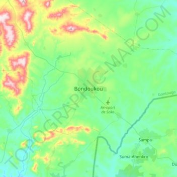 Mapa topográfico Bondoukou, altitud, relieve