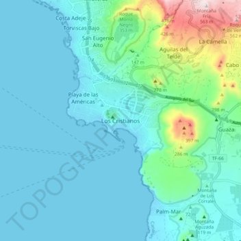 Mapa topográfico Los Cristianos, altitud, relieve