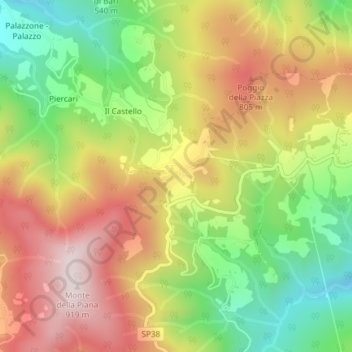 Mapa topográfico Poggioni, altitud, relieve