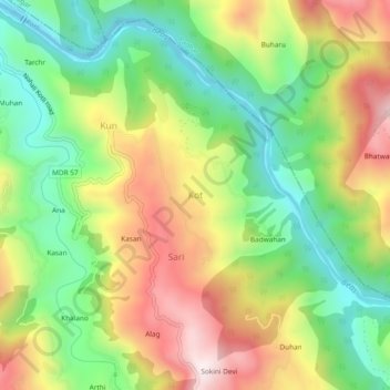 Mapa topográfico Kot, altitud, relieve