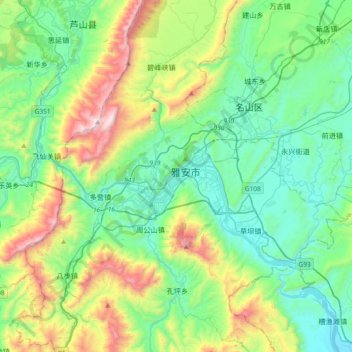 Mapa topográfico 雨城区, altitud, relieve