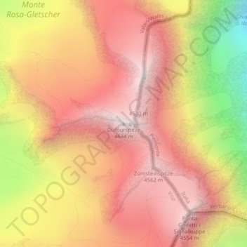 Mapa topográfico Pointe Dufour, altitud, relieve
