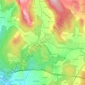 Mapa topográfico Roxos, altitud, relieve