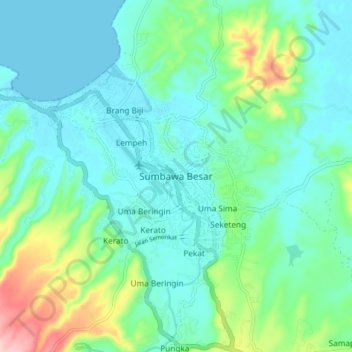 Mapa topográfico Sumbawa Besar, altitud, relieve