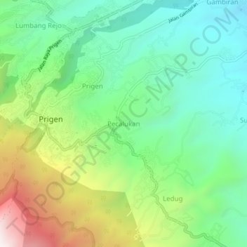 Mapa topográfico Pecalukan, altitud, relieve