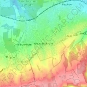 Mapa topográfico Great Bookham, altitud, relieve