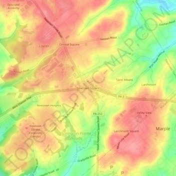 Mapa topográfico Newtown Square, altitud, relieve