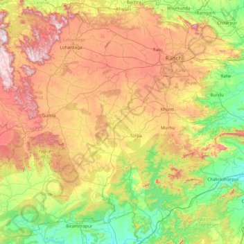 Mapa topográfico Ranchi, altitud, relieve